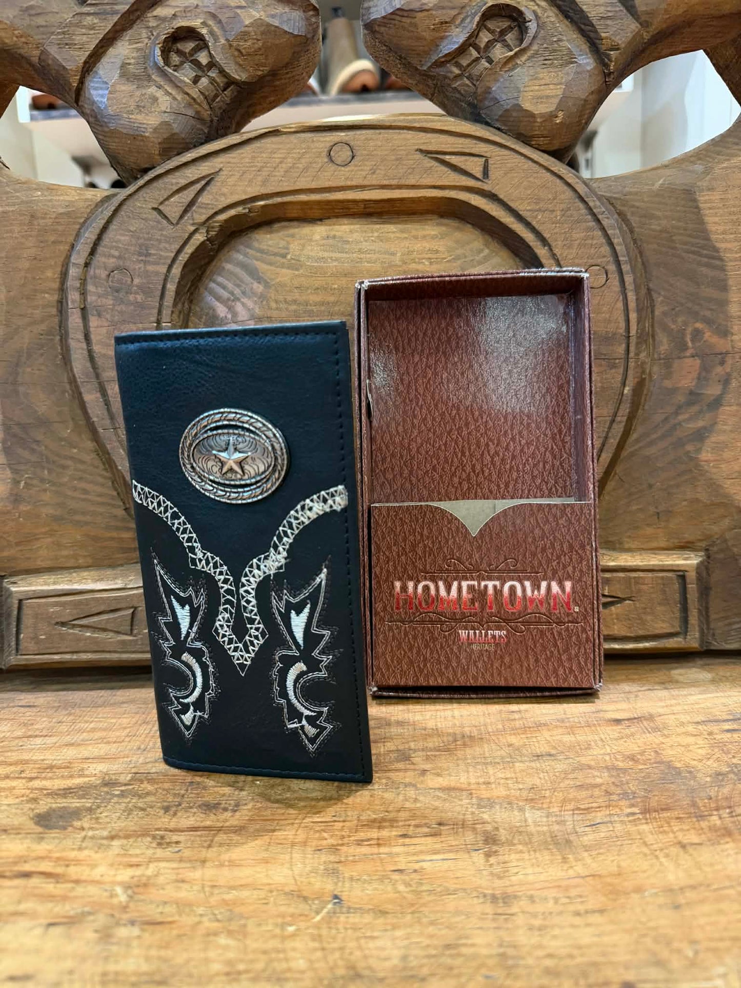 Hometown black wallet with white and brown embroidery