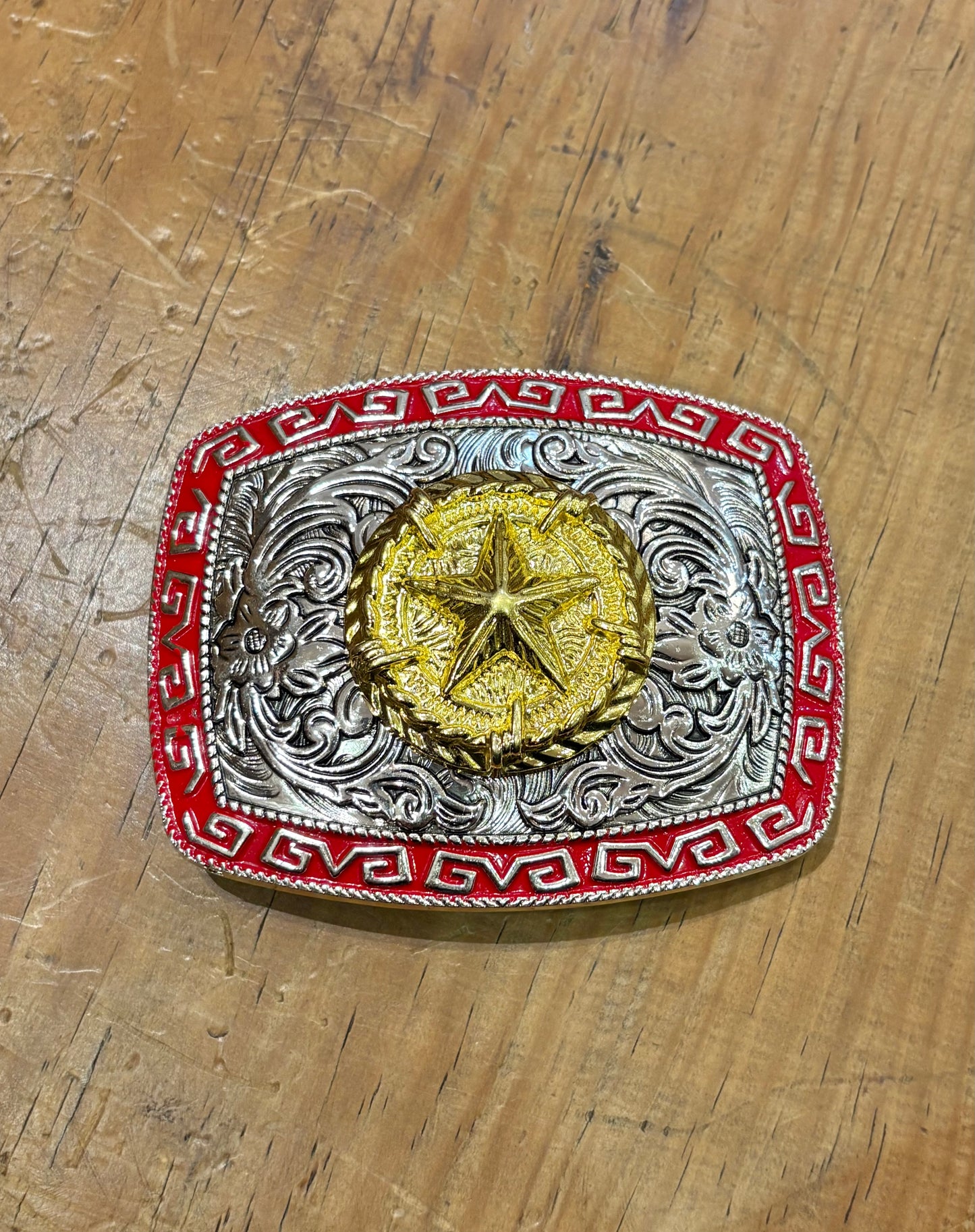Silver & Red Gold Star Belt Buckle