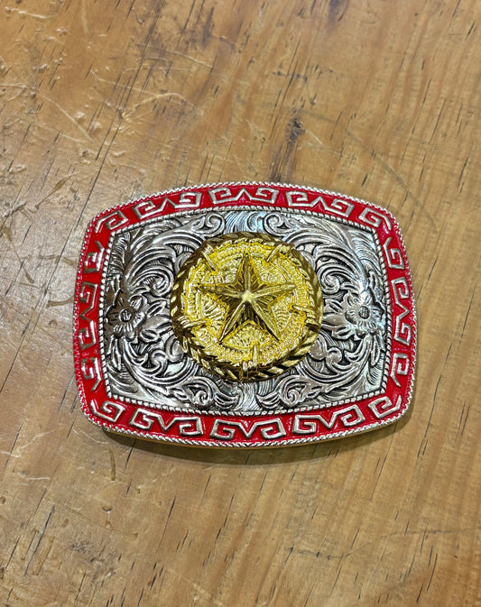 Silver & Red Gold Star Belt Buckle