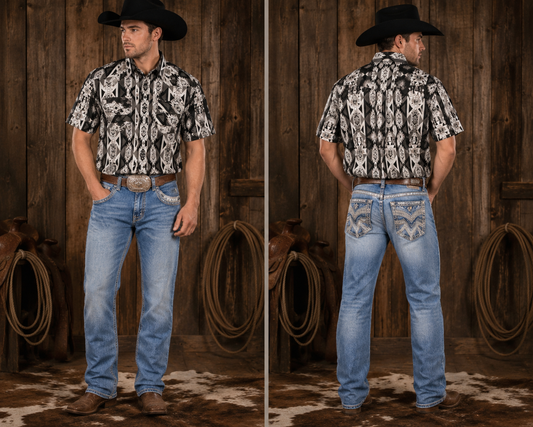 Mens Short Sleeve Aztec Pearl Snap Shirt