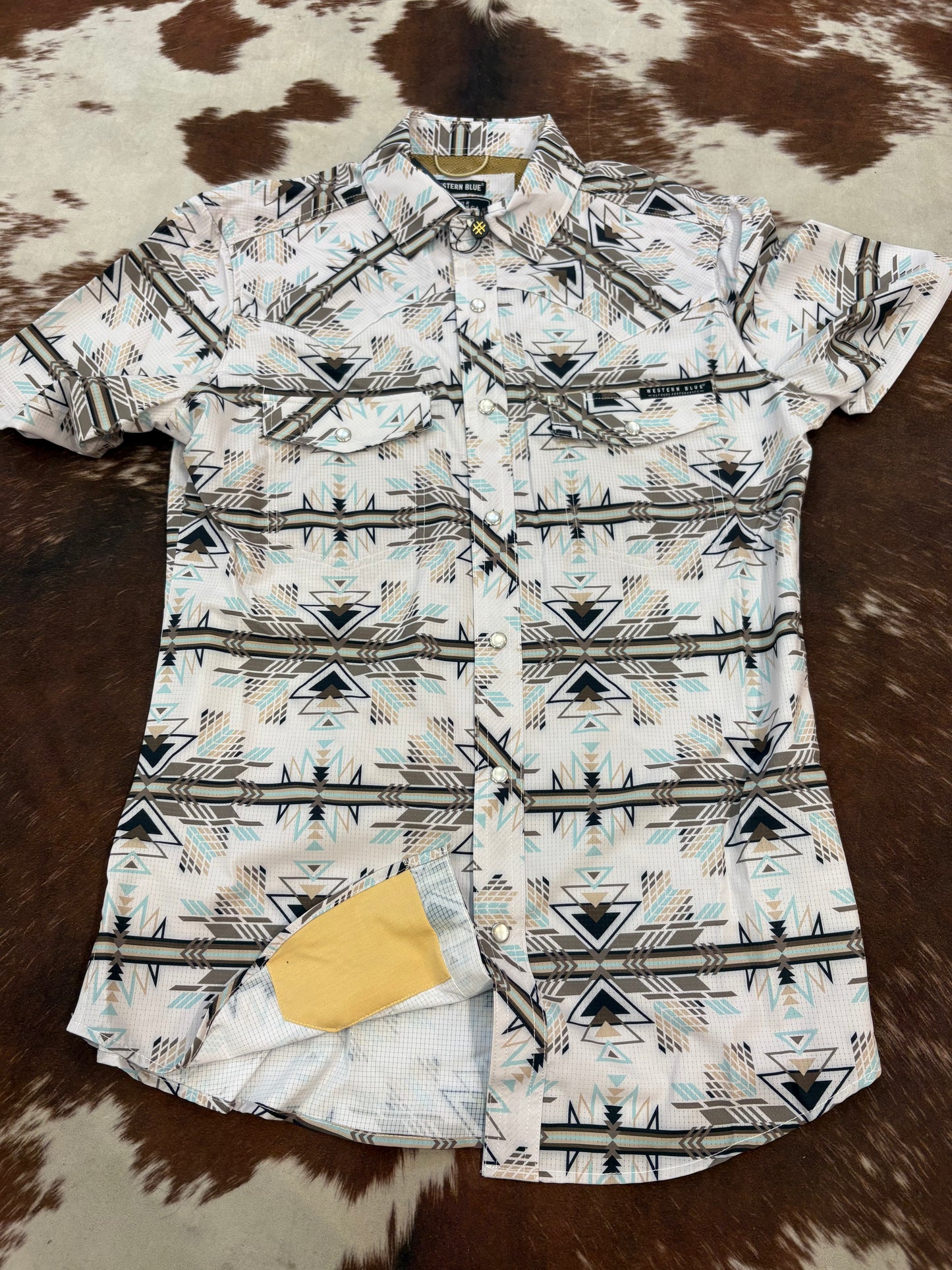 Men’s Beige and Blue  Aztec Print Breathable Collar Shirt