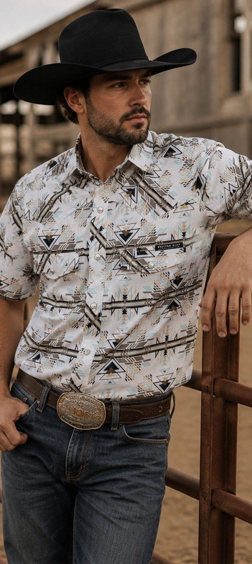 Men’s Beige and Blue  Aztec Print Breathable Collar Shirt