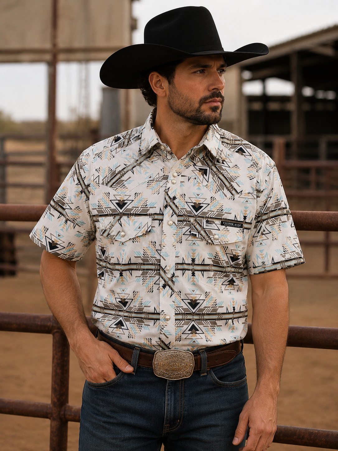 Men’s Beige and Blue  Aztec Print Breathable Collar Shirt