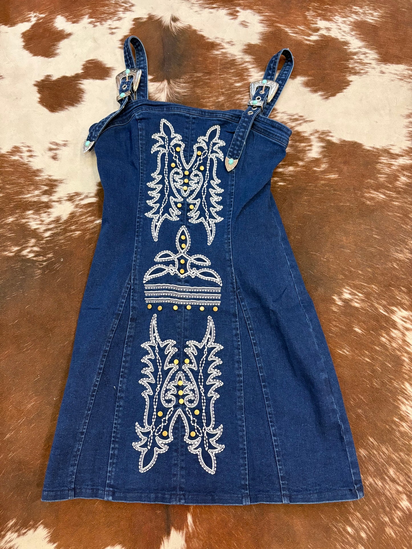 Women's Western Boot stitching pattern Buckle Demin Dress