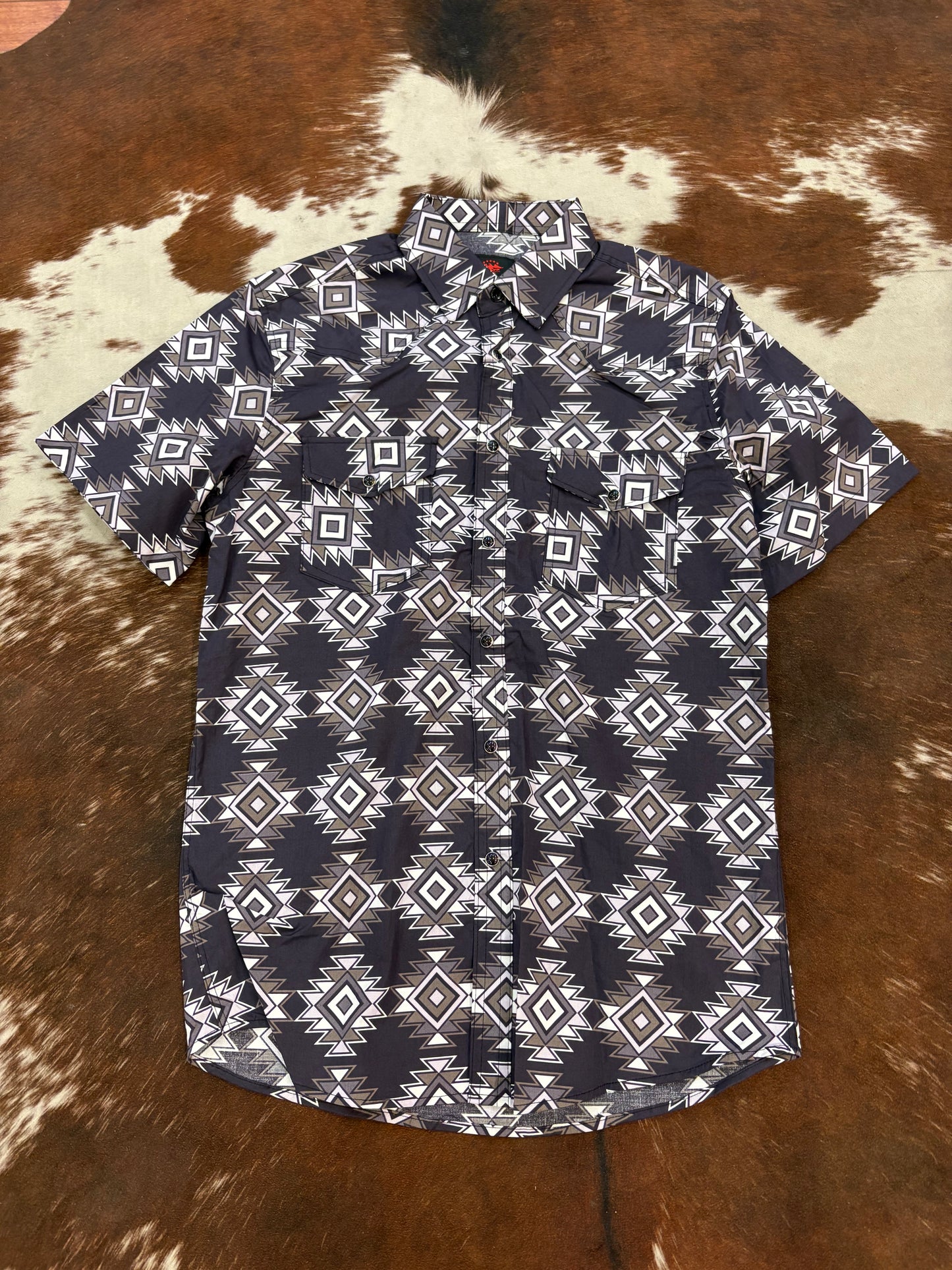 Mens Short Sleeve Aztec Pearl Snap Shirt Purple
